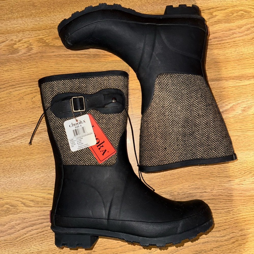 Chooka Black and Brown Herringbone Rain Boots - Picture 2 of 5